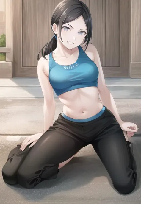 ((best quality)), ((highly detailed)), masterpiece, extremely detailed face, beautiful face, (detailed eyes, deep eyes), (1girl), full body, <lora:wiifittrainer:1>, wii fit trainer, colored skin, (white skin), grey eyes, black hair, (capri pants), (blue crop top), midriff, slender, fit, medium breasts, grin