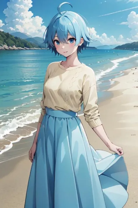 masterpiece, best quality, sky,1girl,out door,sea,
<lora:VivyV3:0.6>, vivy, long skirt, blue skirt,ahoge,Yellow Summer Sweater,