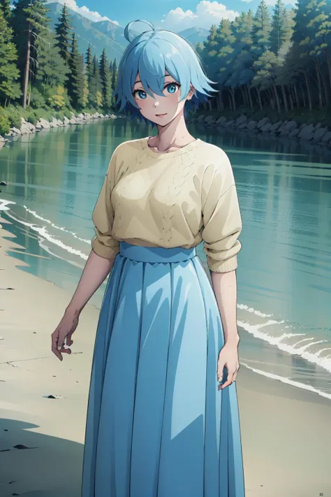 masterpiece, best quality, sky,1girl,out door,forest,cowboy shot,Hyper Detailed eyes,Hyper Detailed hair,
<lora:VivyV3:1>, vivy, long skirt, blue skirt,ahoge,Yellow Summer Sweater,