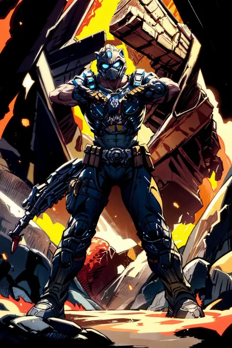 1man, solo, full body, dynamic pose, <lora:Clayton_Carmine-15:0.7>, clayton_carmine, underground cavern network, temple, yellow lava, detailed background, <lora:add_detail:0.7>