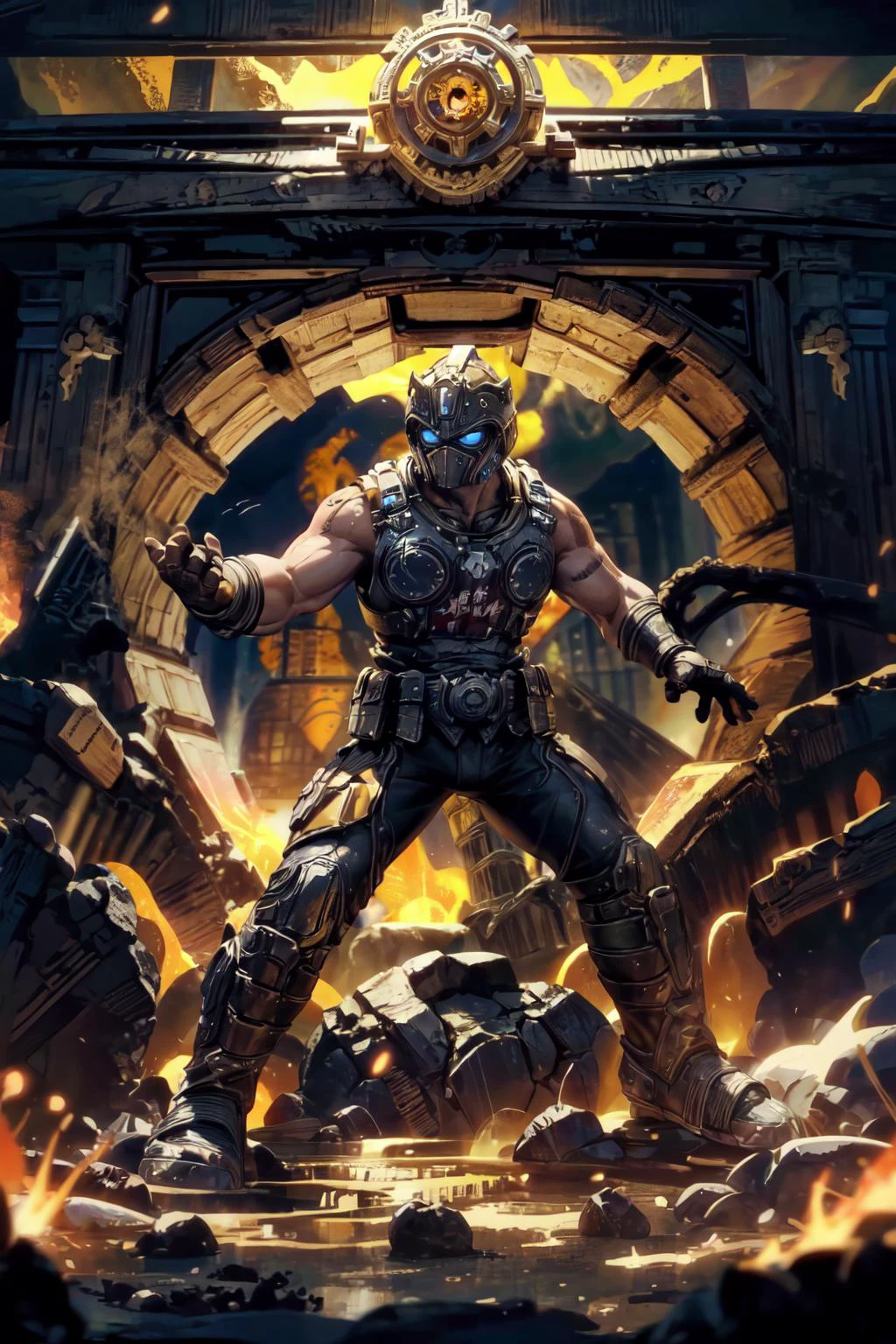 1man, solo, full body, dynamic pose, <lora:Clayton_Carmine-15:0.7>, clayton_carmine, underground cavern network, temple, yellow lava, detailed background, <lora:add_detail:0.7>