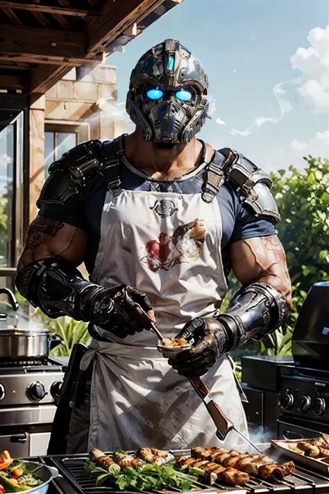 carmine_clayton, man, muscular, helmet,armor, white apron, glowing blue eyes,looking at viewer, outside, backyard, cooking, barbeque, grilled chicken, smoke, blue sky, extreme detail, masterpiece, <lora:Clayton_Carmine-15:.7>