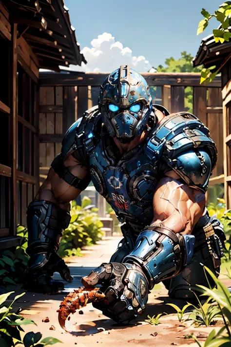 carmine_clayton, man, muscular, helmet,armor, glowing blue eyes,looking at viewer, outside, backyard, garden, holding a large earthworm, blue sky, extreme detail, masterpiece, <lora:Clayton_Carmine-15:.7>