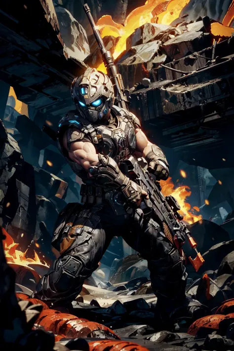 1man, solo, full body, assault rifle, <lora:Clayton_Carmine-15:0.6>, clayton_carmine, underground cavern network, temple suspended over yellow lava, detailed background, <lora:add_detail:0.7>