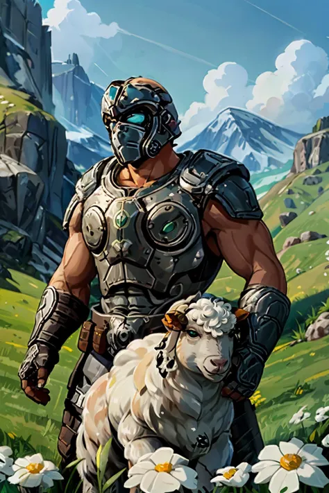 <lora:Clayton_Carmine:0.7> clayton_carmine, man carrying a white fluffy sheep, armor, highly detailed, outside, green grass, beautiful landscape, male focus, cute,