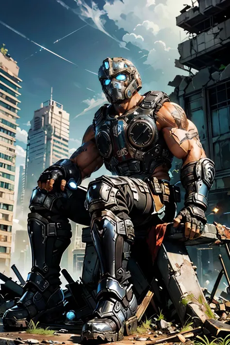carmine_clayton, man, muscular, helmet, armor, glowing blue eyes, boots, looking at viewer, sitting, on a rusty car, outside, ruins, city, apocalypse, twilight sky, extreme detail, masterpiece, <lora:Clayton_Carmine-15:.7>
