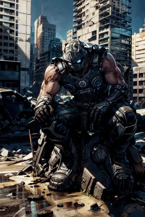 thick outlines, comics, photorealistic, 1man, solo, full body, seated, <lora:Clayton_Carmine-15:0.7>, clayton_carmine, ruined city, detailed background, <lora:add_detail:0.7>