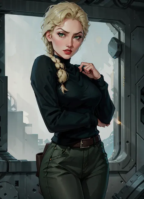 1girl, cowboy shot of beautiful sinclair, black sweater, green pants, belt, dark background, looking at viewer, volumetric lighting, best quality, masterpiece, retro artstyle, <lora:sxz-helga-sinclair-v6:0.8>