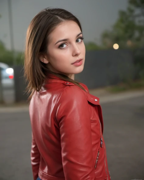 cinematic film still young woman in red leather jacket . shallow depth of field, vignette, highly detailed, high budget Hollywood movie, bokeh, cinemascope, moody, epic, gorgeous, film grain, grainy, detailed skin texture, (blush:0.5), (goosebumps:0.5), subsurface scattering