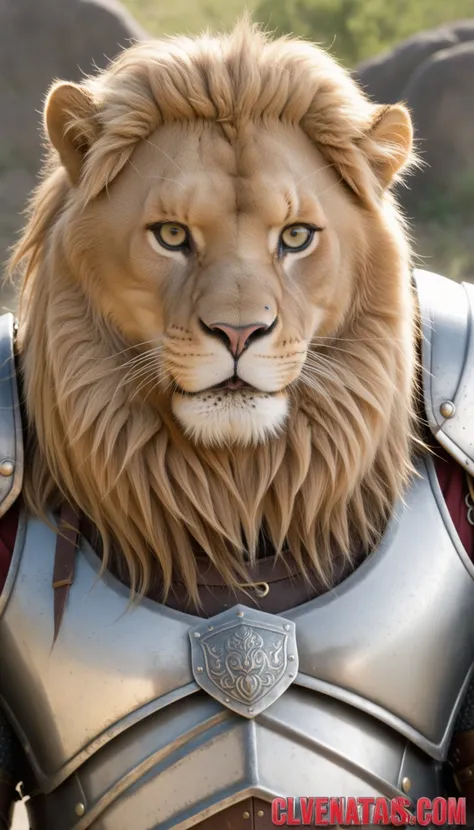 a lion in armor poses for a picture, cinematic close shot