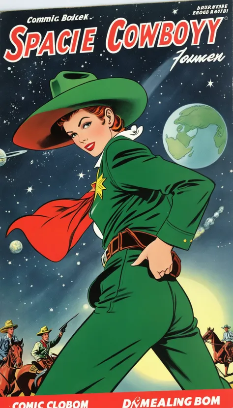 a cover for a comic book, a comic book cover about all space cowboy, 1 cowboy wearing a hat in the style of amazing stories, 1940s 1950s, red and green, comic art, realistic genre scenes, romanticized realism dynamic