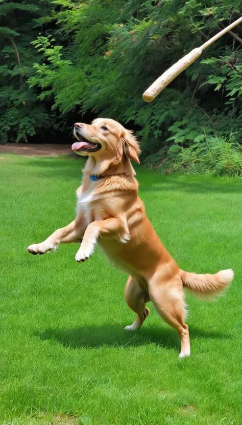 Golden retriever jumping to catch a stick
