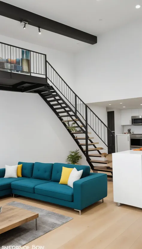 real estate photography style of a modern loft, professional, inviting, well-lit, high-resolution, property-focused, commercial, highly detailed