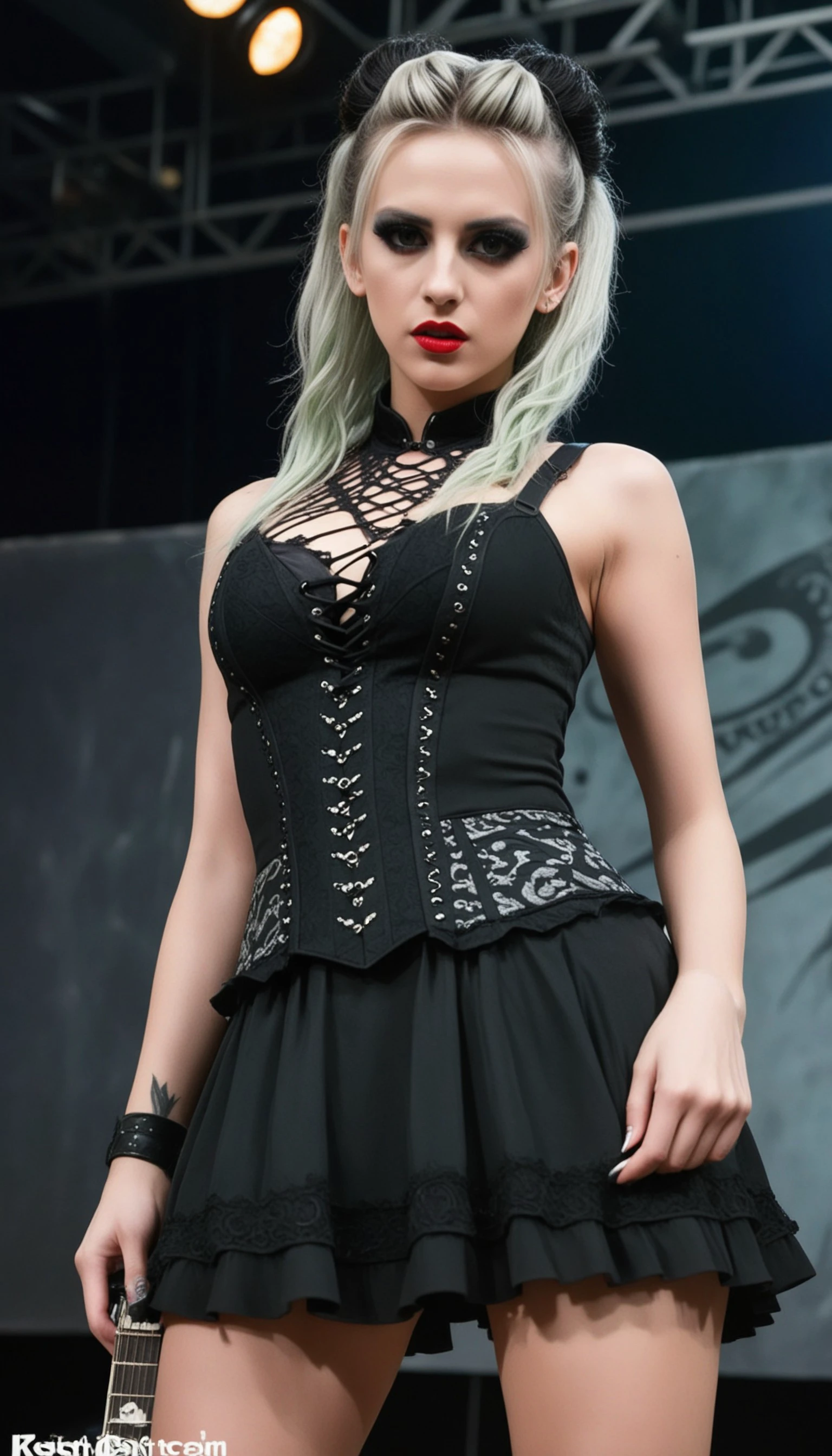 swedish metal rock girl holding a guitar, intense stare into camera, with gothic make-up, intricate details, highly detailed eyes, fancy hair and dark gothic dress, flash photo, on stage, intricate details
