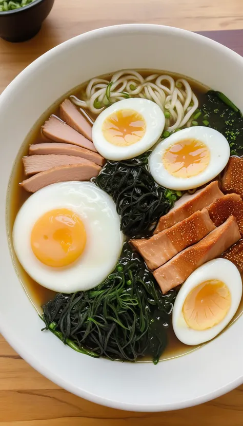 bowl of steaming hot ramen noodles, with a variety of toppings including sliced pork, boiled egg, green onions, and a sheet of nori (dried seaweed). The broth looks rich and flavorful, likely made from a combination of chicken, pork, and dashi.