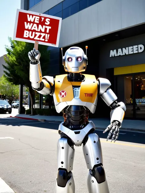 professional photography of a civitAI (robot) on strike, fist in the air, holding a sign saying (WE WANT BUZZ !:1.2), hyper detailed text, masterpiece, award winning art, ultra detailed, 8k resolution, excellent quality, natural lighting, fine details, 4k resolution, 35mm photograph, film, 0001SRGoodPictureV3, <lora:XL-add-detail-xl:0.3> <lora:xl_more_art-full_v1:0.2>