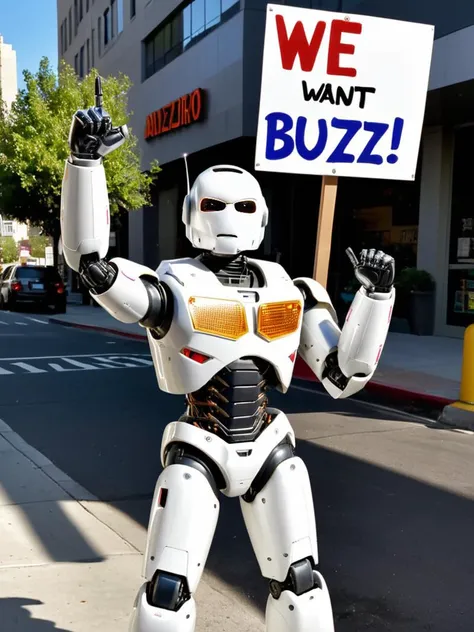professional photography of a civitAI (robot) on strike, fist in the air, holding a sign saying (WE WANT BUZZ !:1.2), hyper detailed text, masterpiece, award winning art, ultra detailed, 8k resolution, excellent quality, natural lighting, fine details, 4k resolution, 35mm photograph, film, 0001SRGoodPictureV3, <lora:XL-add-detail-xl:0.3> <lora:xl_more_art-full_v1:0.2>