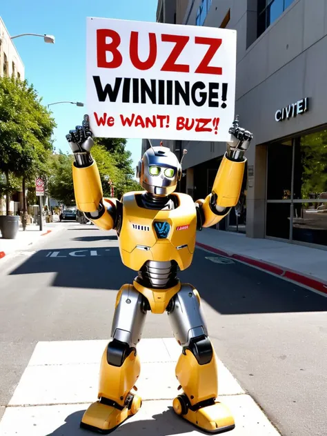 professional photography of a civitAI (robot) on strike, fist in the air, holding a sign saying (WE WANT BUZZ !:1.2), hyper detailed text, masterpiece, award winning art, ultra detailed, 8k resolution, excellent quality, natural lighting, fine details, 4k resolution, 35mm photograph, film, 0001SRGoodPictureV3, <lora:XL-add-detail-xl:0.3> <lora:xl_more_art-full_v1:0.2>