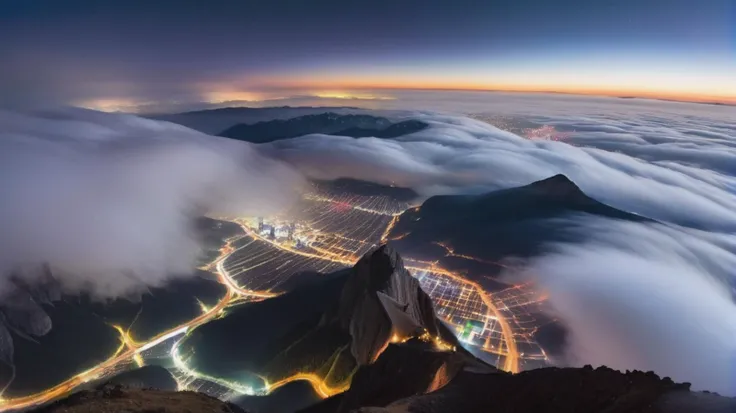an extremely high-quality overview photo of a huge city landscape, (dark night:1.1), aurora borealis, stars across the sky above the clouds, mountains, clouds, foggy valleys, a cyberpunk sci-fi city with neon lights below the valley lighting up the fog, lots of (tall skyscrapers:1.2) with neon signs sticking out of the fog, roads, stars above clouds, epiCPhoto, <lora:SDS_Contrast tool_XL:0.8>