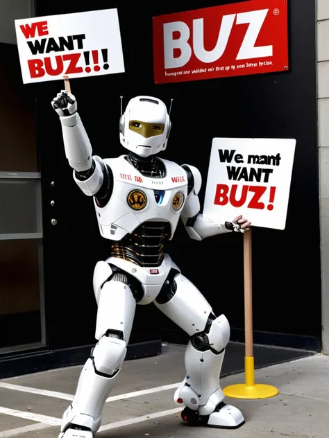 professional photography of a civitAI (robot) on strike, fist in the air, holding a sign saying (WE WANT BUZZ !:1.2), hyper detailed text, masterpiece, award winning art, ultra detailed, 8k resolution, excellent quality, natural lighting, fine details, 4k resolution, 35mm photograph, film, 0001SRGoodPictureV3, <lora:XL-add-detail-xl:0.3> <lora:xl_more_art-full_v1:0.2>