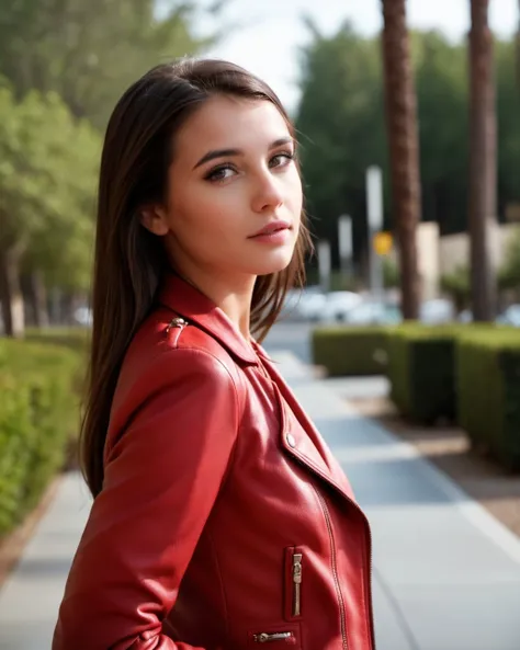 cinematic film still young woman in red leather jacket . shallow depth of field, vignette, highly detailed, high budget Hollywood movie, bokeh, cinemascope, moody, epic, gorgeous, film grain, grainy, detailed skin texture, (blush:0.5), (goosebumps:0.5), subsurface scattering