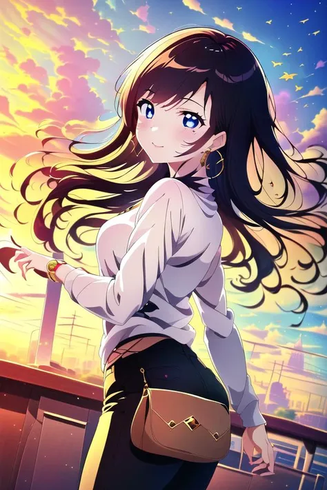 jewelry, earrings, handbag, bag, from behind, looking back, pants, hoop earrings, sweater, black pants, long sleeves, sleeves past wrists,
(((master piece))), (((1girl))), (beautiful illustration), ((best quality)), ((cute anime face)), (highres beautiful detailed),
<lora:Mistral_LoCon:1>