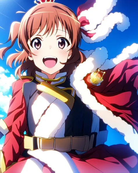 masterpiece, best quality,karen, 1girl, belt, brown_eyes, brown_hair, cape, fur-trimmed_cape, fur-trimmed_jacket, jacket_on_shoulders, mini_crown, red_cape, girl,littl,laughing,