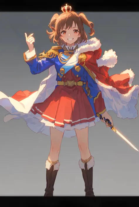 1girl, boots, brown_eyes, brown_hair, cape, epaulettes, fur-trimmed_jacket, fur_trim, grin, hand_on_hip, holding, holding_sword, holding_weapon, jacket, jacket_on_shoulders, letterboxed, looking_at_viewer, mini_crown, red_cape, red_jacket, saber_\(weapon\), short_hair, simple_background, single_stripe, smile, solo, standing,