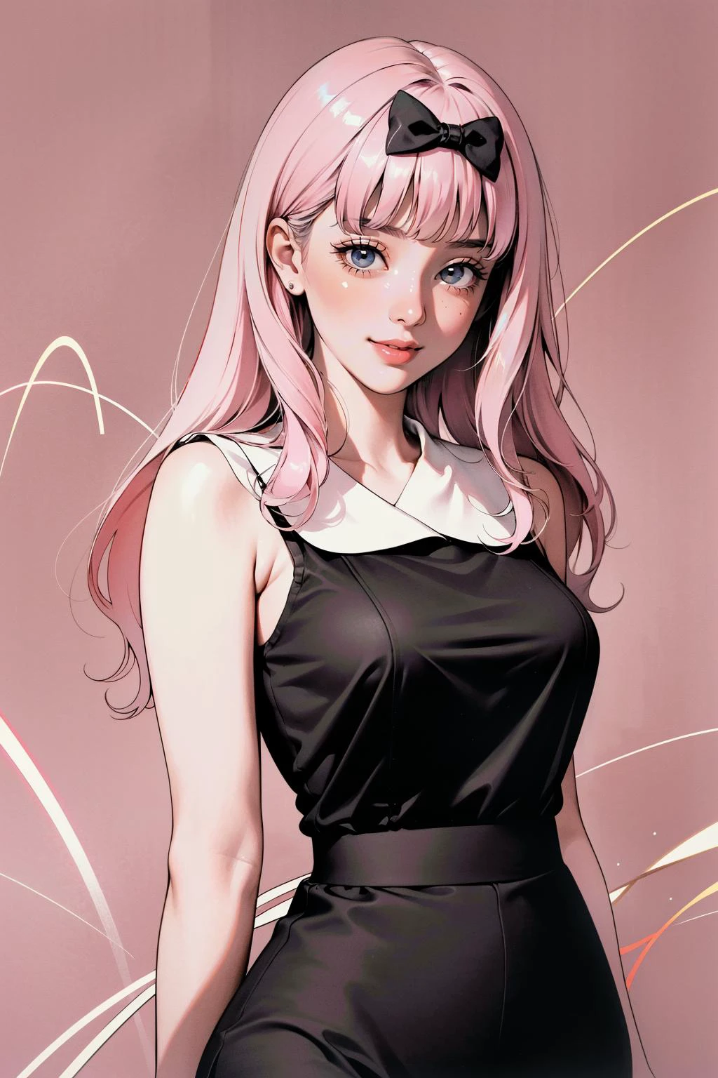 ((masterpiece, high quality, best quality, 8k, wallpaper, fine lineart, highly detailed, absurdres)), 1woman, pink hair, long hair, blunt bangs, black bow, office lady, upper body, short skirt, 1980s \(style\), thighhighs, large breasts, wide hips, plataform shoes, class room, smile, <lora:fujiwara_chika_v1:0.7>