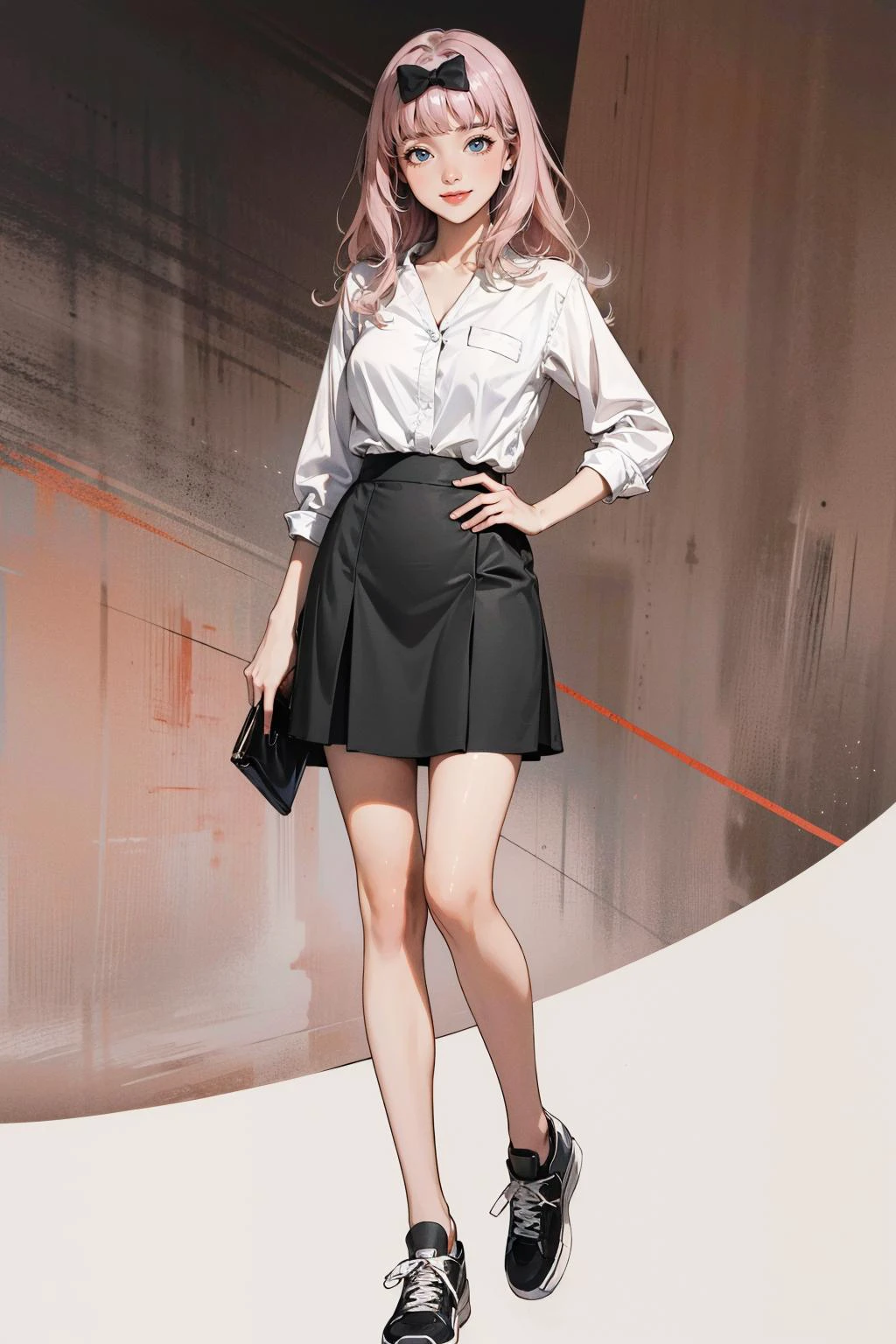 ((masterpiece, high quality, best quality, 8k, wallpaper, fine lineart, highly detailed, absurdres)), 1girl, chika1, fujiwara chika, blunt bangs, office lady, full body, short skirt, 1980s \(style\), large breasts, wide hips, plataform shoes, school, classroom, background, smile, <lora:fujiwara_chika_v1:0.7>, cowboy shot, standing, black bow