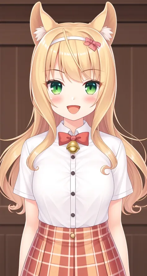 masterpiece, best quality,
 <lora:feng:0.4>,feng-all,1girl, animal ears, long hair, green eyes, blonde hair, cat ears, bell, blush, jingle bell, looking at viewer, neck bell, bow, plaid, short sleeves, hairband, bowtie, smile, v-shaped eyebrows,
:D