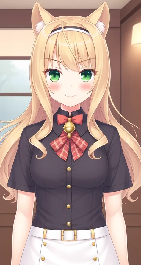 masterpiece, best quality,
 <lora:feng:0.4>,feng-all,1girl, animal ears, long hair, green eyes, blonde hair, cat ears, bell, blush, jingle bell, looking at viewer, neck bell, bow, plaid, short sleeves, hairband, bowtie, smile, v-shaped eyebrows