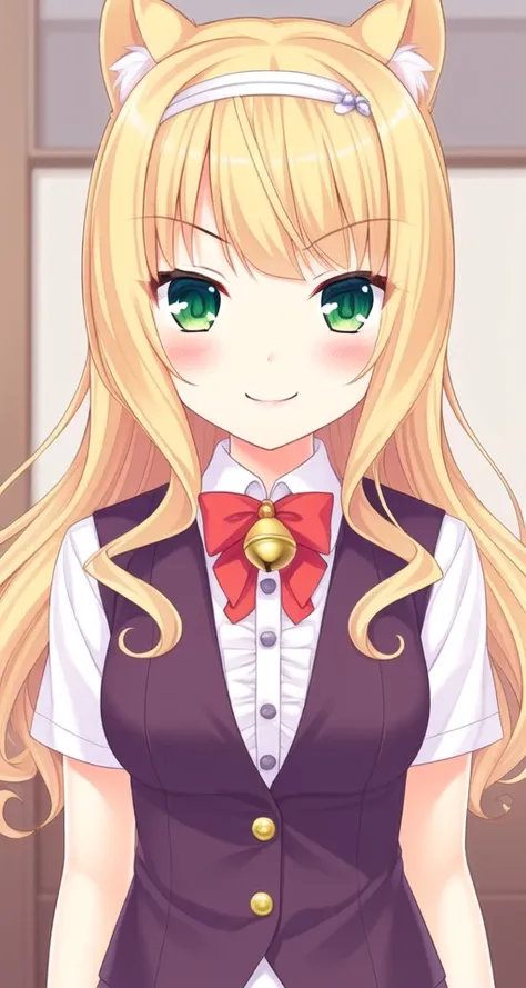 <lora:feng:0.4> feng-sd,1girl, animal ears, long hair, green eyes, blonde hair, cat ears, bell, blush, jingle bell, looking at viewer, neck bell, bow, plaid, short sleeves, hairband, bowtie, smile, v-shaped eyebrows, center frills, frills, shirt, solo focus, vest, white shirt, breasts