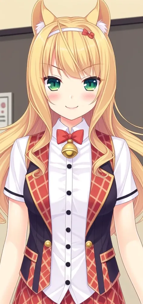 <lora:feng:0.5> feng-all,1girl, animal ears, long hair, green eyes, blonde hair, cat ears, bell, blush, jingle bell, looking at viewer, neck bell, bow, plaid, short sleeves, hairband, bowtie, smile, v-shaped eyebrows, center frills, frills, shirt, solo focus, vest, white shirt, breasts