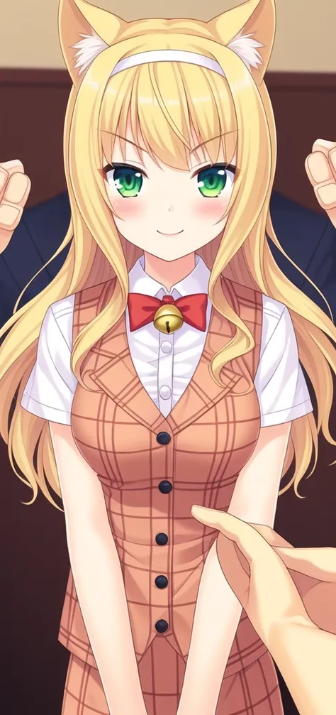 <lora:feng:0.3> feng-all,1girl, animal ears, long hair, green eyes, blonde hair, cat ears, bell, blush, jingle bell, looking at viewer, neck bell, bow, plaid, short sleeves, hairband, bowtie, smile, v-shaped eyebrows, center frills, frills, shirt, solo focus, vest, white shirt, breasts