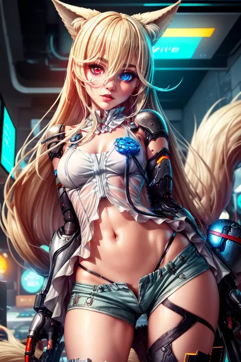 Realistic 8k.Picture only of the upper part,high resolution, Bright glare,1 woman, alone, hips up, half body,(detailed face), blonde hair long hair, Mecha Musume, mechanical parts, robot joint, single mechanical arm, Mechanical radius, Bikini body suit with many neon lights,A white bodysuit has several neon bulbs.,Body armor chest set with 4 large electric bulbs.,With colorful lights There was a bright purple light.(Very bright)Colorful beams of light shoot from the armor.,Light radiated from the armor.,, city at night