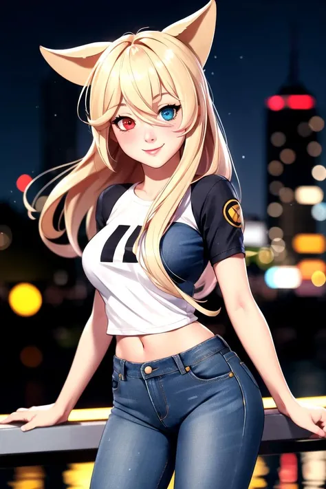 centered, award winning upper body portrait, cowboy shot, (looking at viewer:1.2), | solo, standing, smile, G41_Girls_Frontline, heterochromia, tshirt, denim jeans, | city, urban scenery, city lights,| bokeh, depth of field, cinematic composition, | dynamic pose, <lora:G41_Girls_Frontline:0.7>