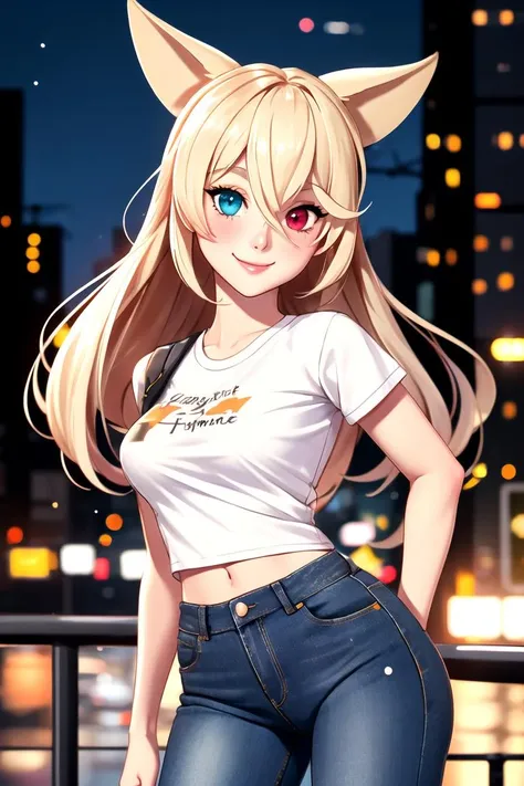 centered, award winning upper body portrait, cowboy shot, (looking at viewer:1.2), | solo, standing, smile, G41_Girls_Frontline, heterochromia, tshirt, denim jeans, | city, urban scenery, city lights,| bokeh, depth of field, cinematic composition, |  dynamic pose, <lora:G41_Girls_Frontline:0.7>