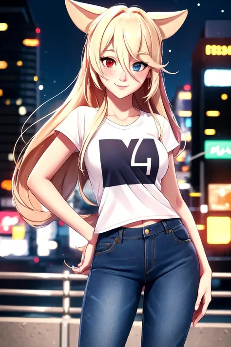 ((In the style of a hentai)), (Masterpiece, Best quality), (( intricate Face, bright eyes )), BREAK, brown eyes, blond hair, long hair, wavy hair, thick hair, hair over one eye, BREAK, red shirt, blue skirt, big breasts, evil grin, BREAK, cityscape background