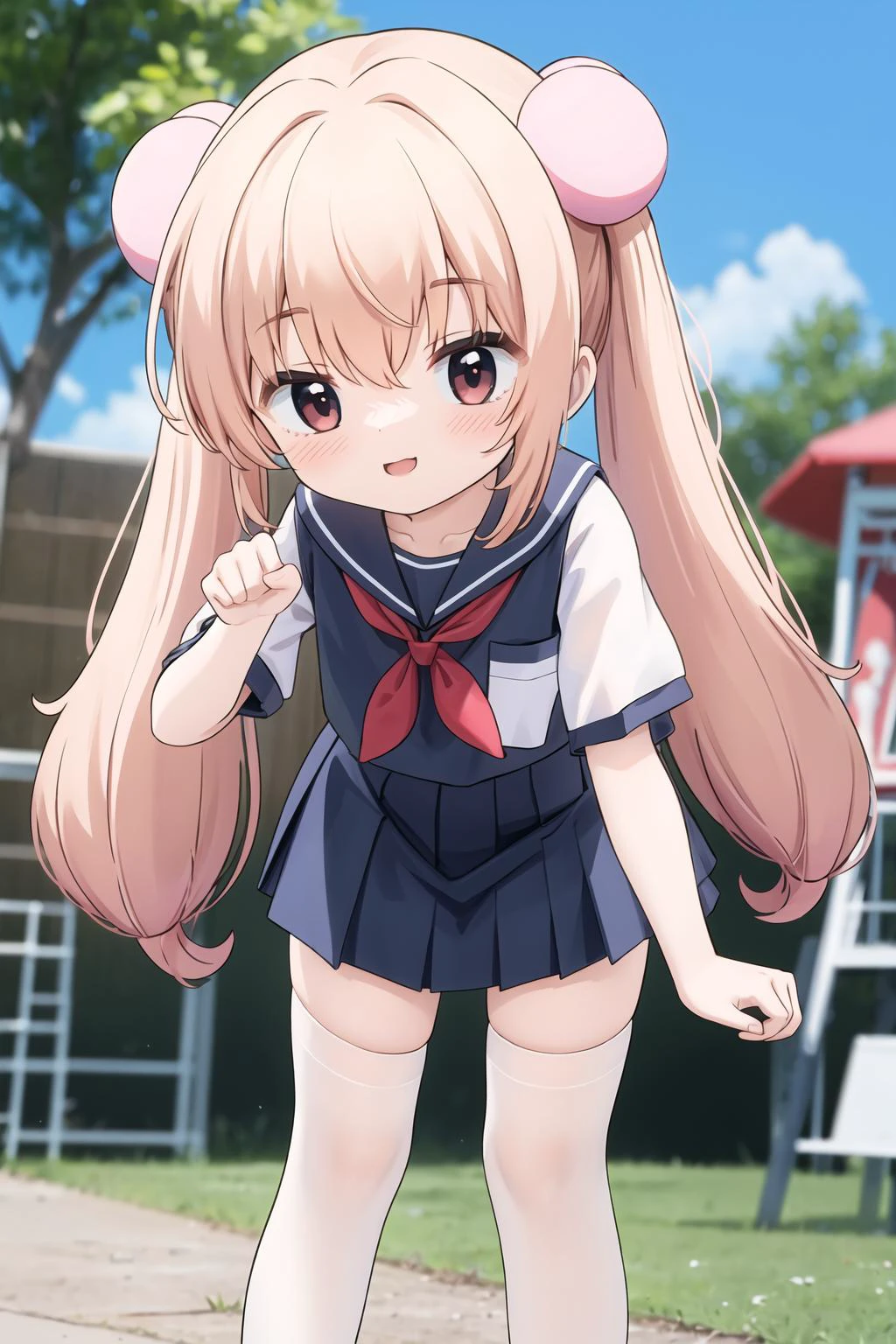 from below, kokonoe rin, solo, twintails, school uniform, short sleeves, leaning forward, paw pose, white legwear, uwabaki, smile, blush,
outdoors, playground, blurry background, <lora:Out:0.7>