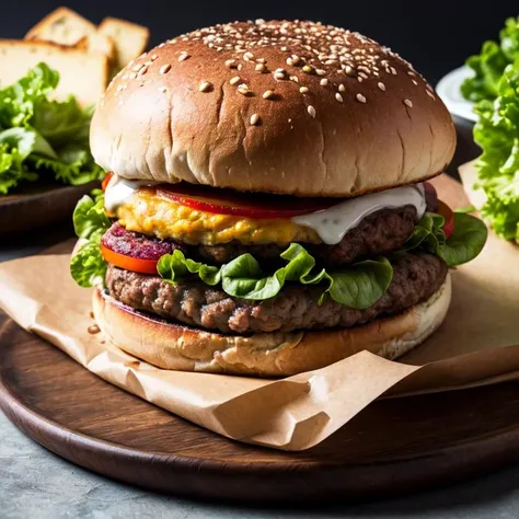 (masterpiece:1.2), (best quality), (ultra detailed), (8k, 4k, intricate),(highly detailed:1.2), (detailed background),detailed landscape, ((portrait)),  <lora:more_details:0.5> <lora:food:0.7>foodstyle,simple background, food, black background, plate, realistic, burger, meat, food focus, cheese, still life, lettuce