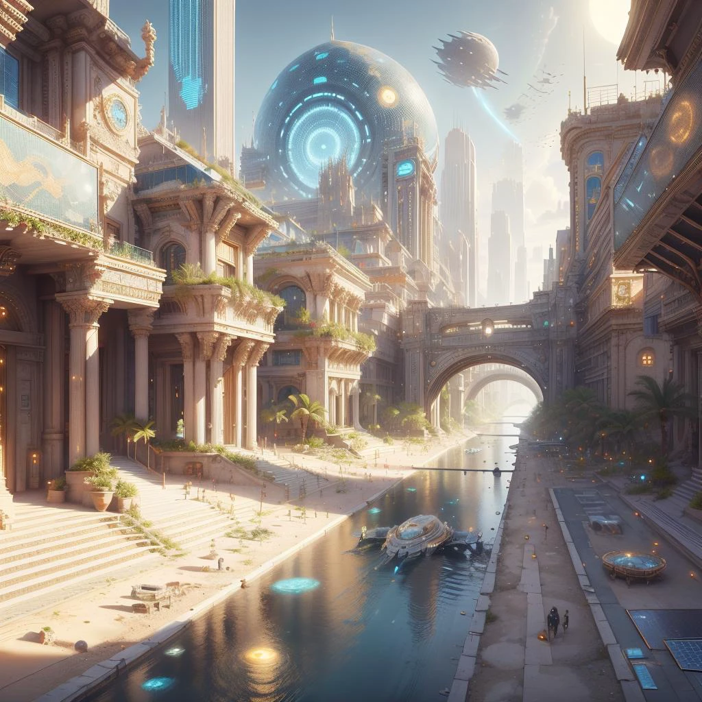<lora:CarthageTech-26:0.8>, carthagetech , scifi, solar age, gold mosaic ,
city buildings , street