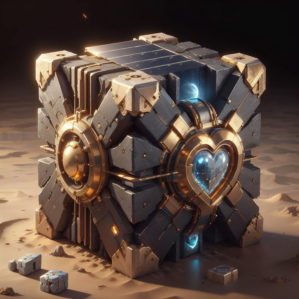 <lora:CarthageTech-26:0.8>, carthagetech , scifi, solar age, gold mosaic ,
(simple background:1.3), (cube:1.1), heart shape , weighted companion cube,