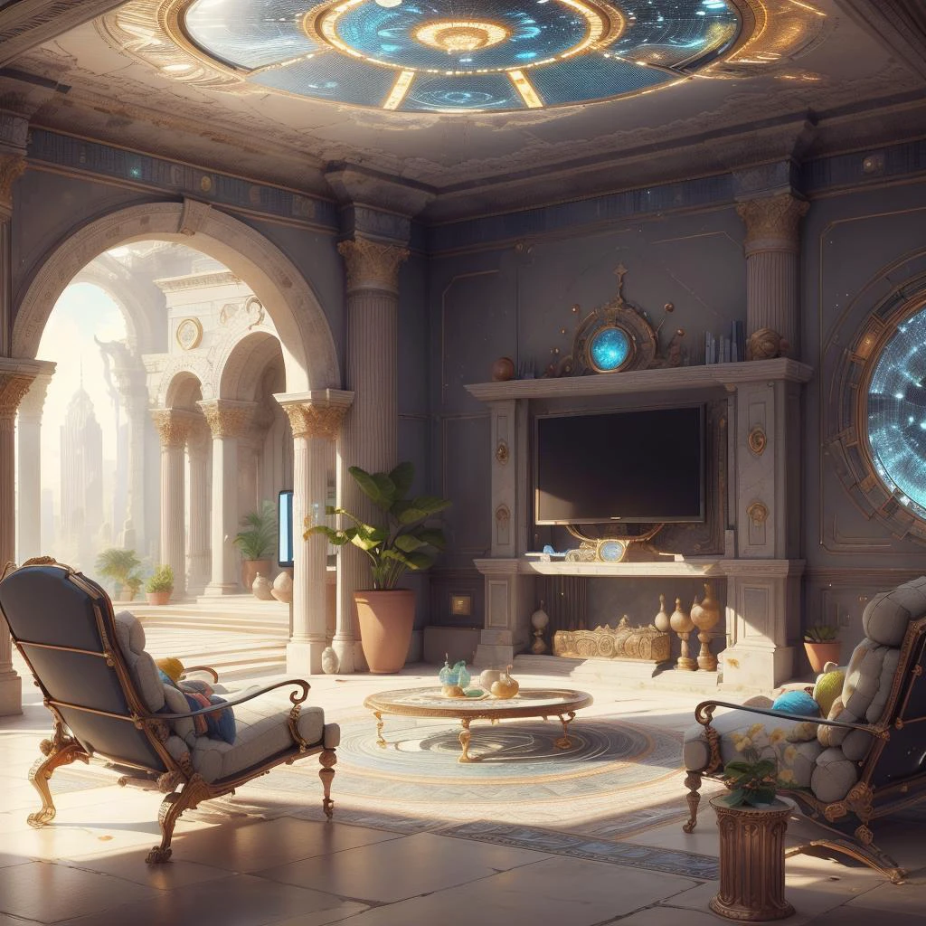<lora:CarthageTech-26:0.8>, carthagetech , scifi, solar age, gold mosaic , fountains,
living-room , television,