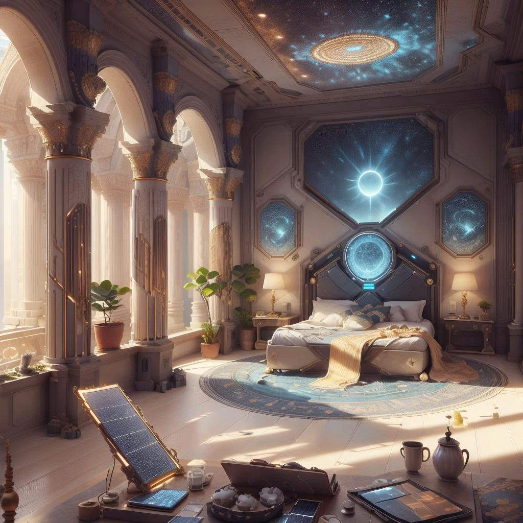 <lora:CarthageTech-26:0.8>, carthagetech , scifi, solar age, gold mosaic ,
(carthagetech bedroom)