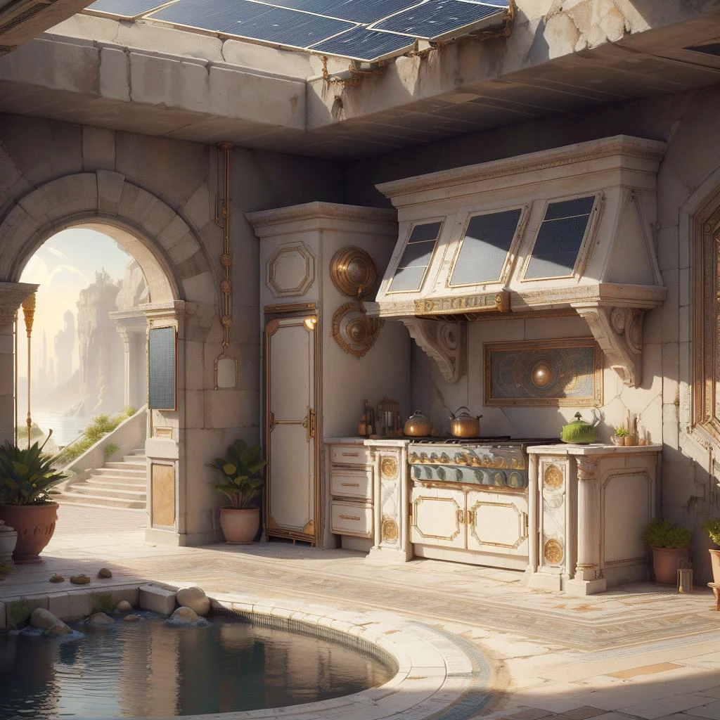 <lora:CarthageTech-26:0.8>, carthagetech , scifi, solar age, gold mosaic , fountains,
kitchen