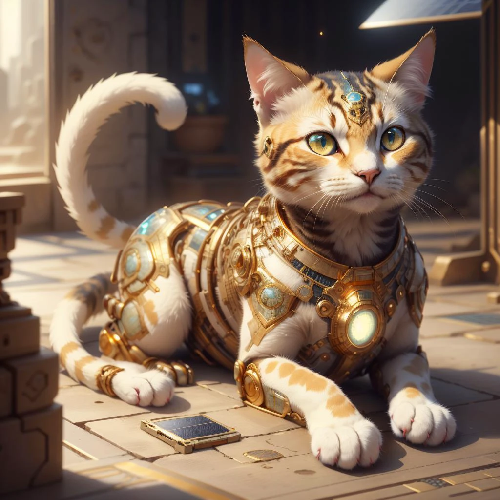 <lora:CarthageTech-26:0.8>, carthagetech , scifi, solar age, gold mosaic ,
cat
