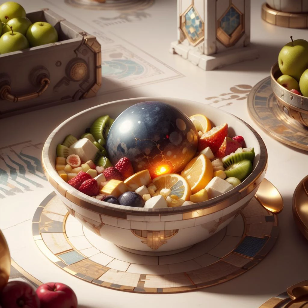 <lora:CarthageTech-26:0.8>, carthagetech , scifi, solar age, gold mosaic ,
bowl of fruits,