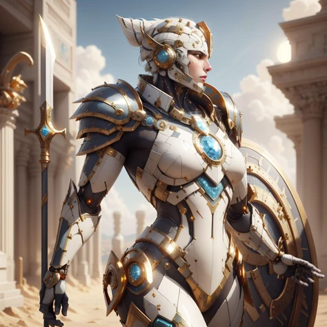 <lora:CarthageTech-26:0.8>, carthagetech , scifi, solar age, gold mosaic ,
shiny gold armored female centurion , shield, spear,