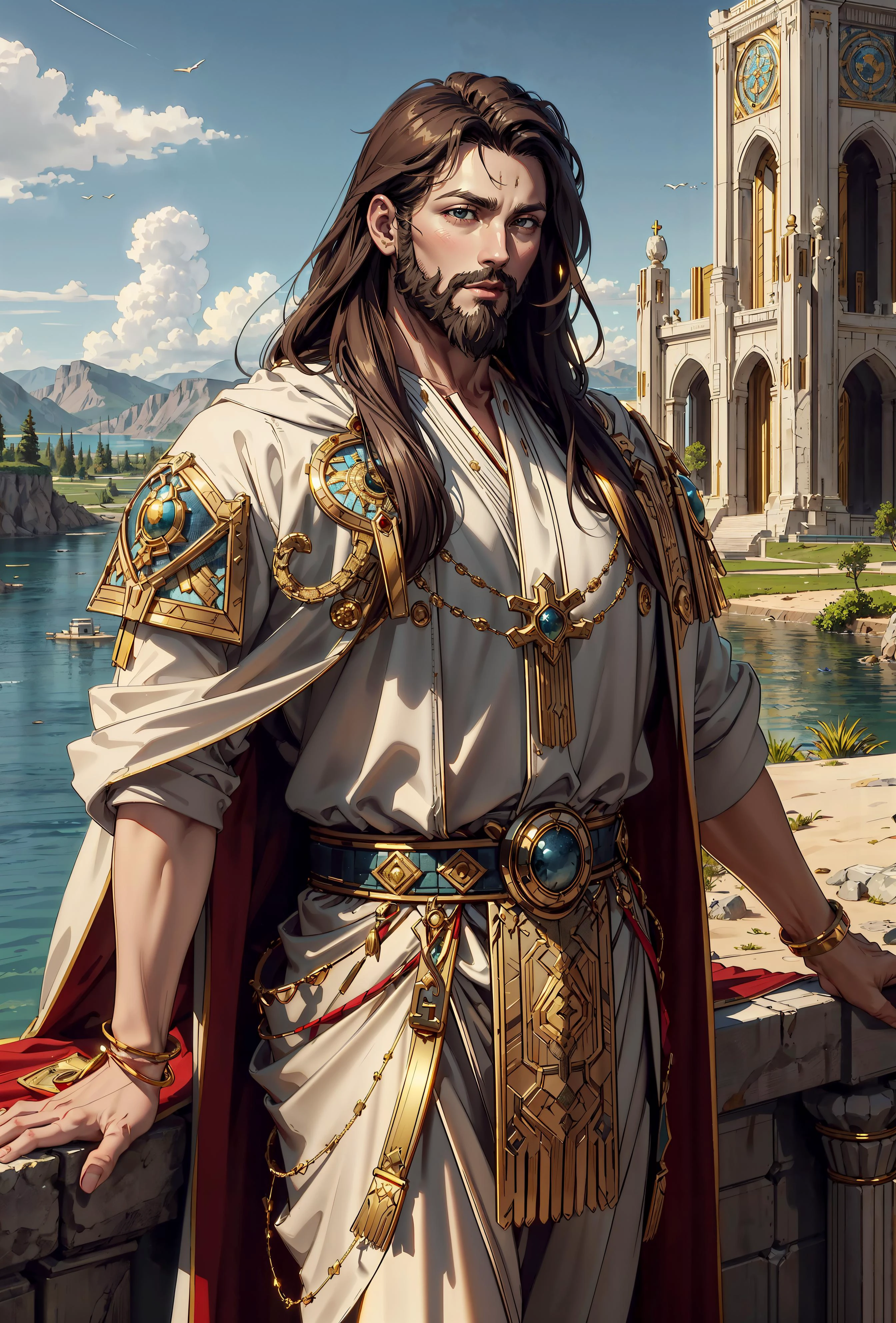 <lora:CarthageTech-26:0.6> carthagetech, solar age, gold mosaic, (masterpiece, best quality, realistic, detailed:1.2), portrait, fenn_jesus, 1 man, beard, tunic, as a monarch, by a lake,